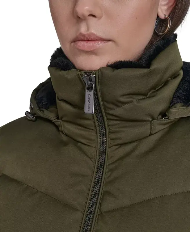 Women's Faux-Fur-Lined Hooded Puffer Coat - Twig - 8