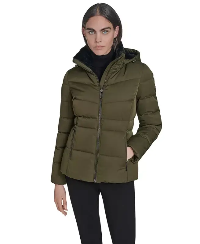 Women's Faux-Fur-Lined Hooded Puffer Coat - Twig - 1