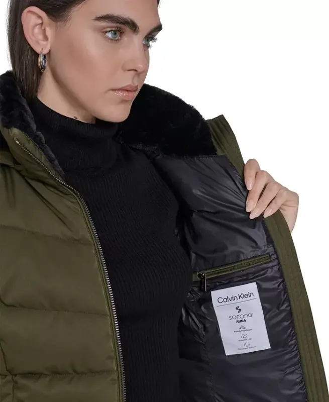 Women's Faux-Fur-Lined Hooded Puffer Coat - Twig - 7
