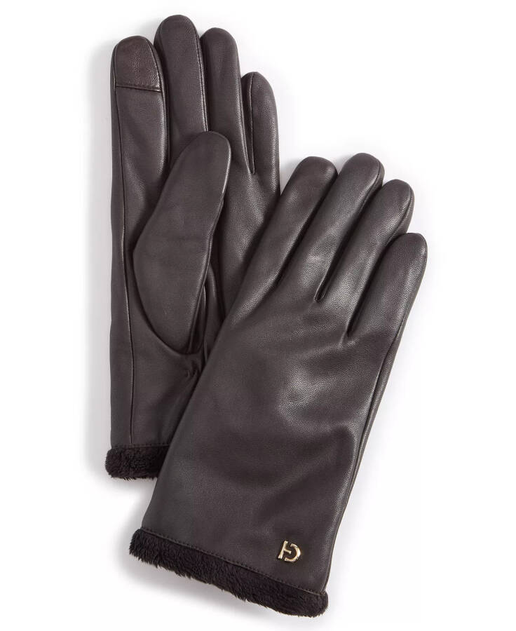 Women's Faux-Fur-Lined Leather Gloves Brown - 1