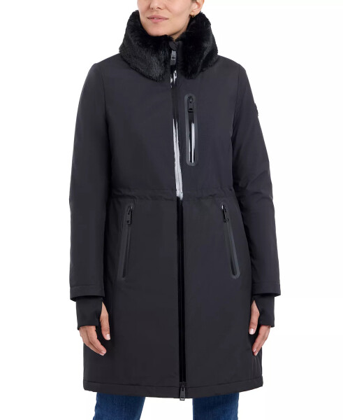 Women's Faux-Fur-Trim Anorak Raincoat Black - 1