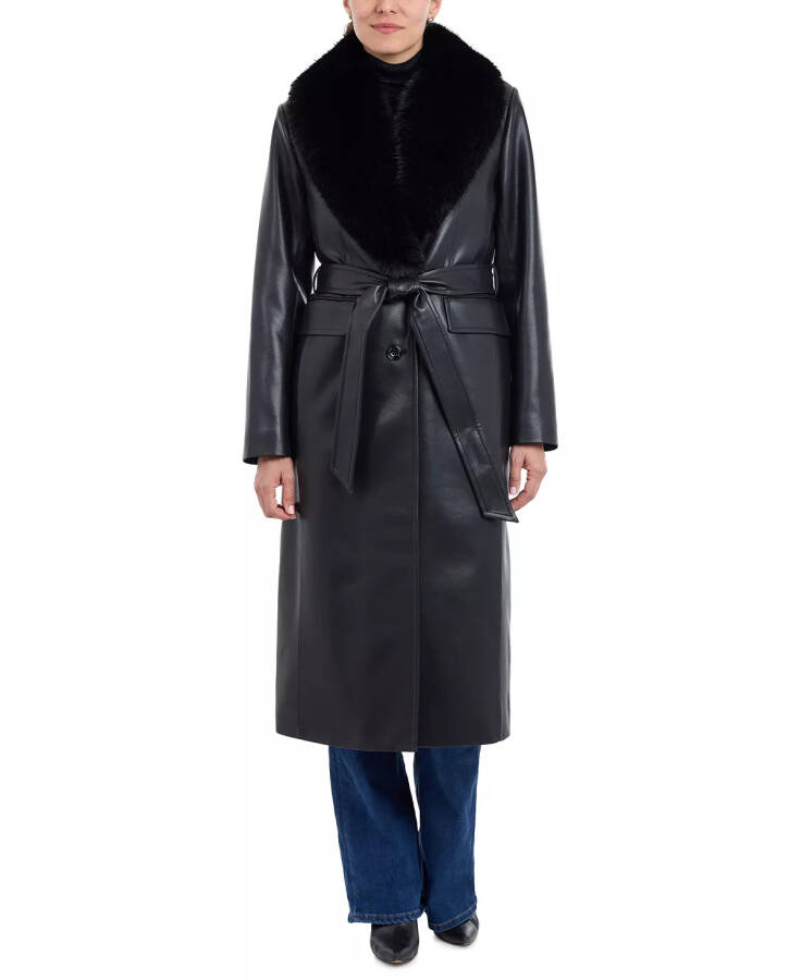 Women's Faux-Fur-Trim Faux-Leather Trench Coat Black - 1