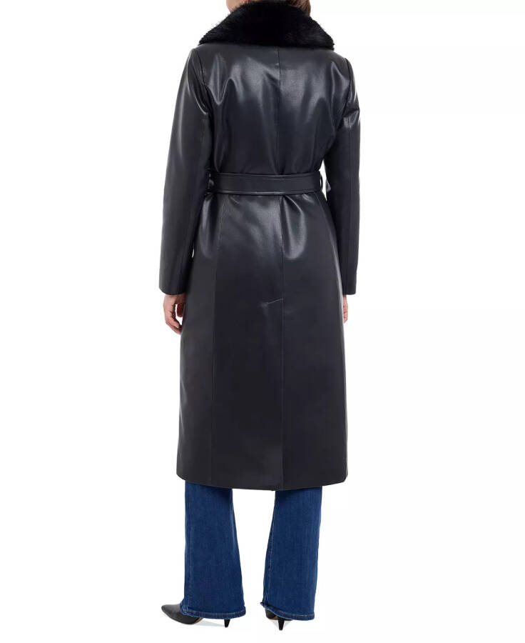 Women's Faux-Fur-Trim Faux-Leather Trench Coat Black - 2