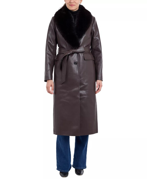 Women's Faux-Fur-Trim Faux-Leather Trench Coat Chocolate - 1