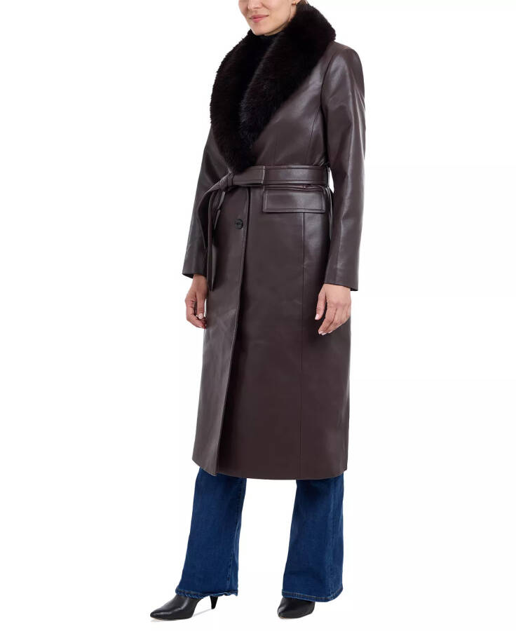 Women's Faux-Fur-Trim Faux-Leather Trench Coat Chocolate - 3