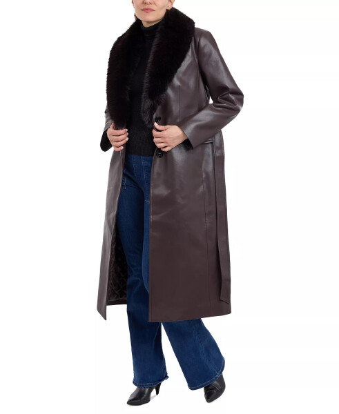 Women's Faux-Fur-Trim Faux-Leather Trench Coat Chocolate - 4