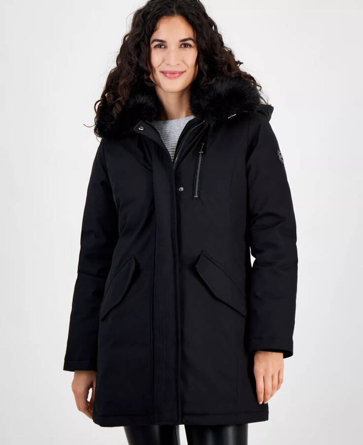 Women's Faux-Fur-Trim Hooded Puffer Coat Black - 1