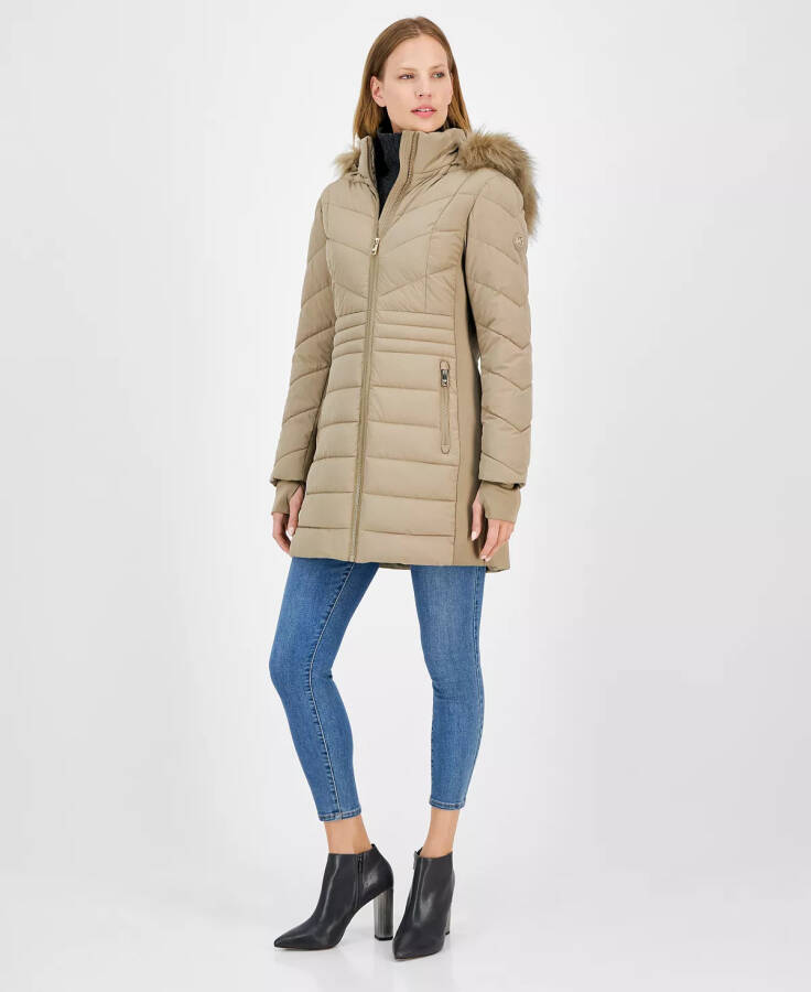 Women's Faux-Fur-Trim Hooded Puffer Coat, Created for Modazone Taupe - 1