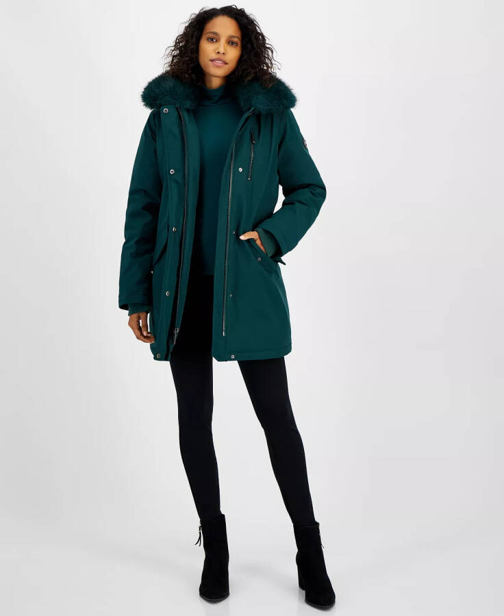 Women's Faux-Fur-Trim Hooded Puffer Coat Dark Emerald - 1