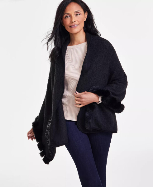 Women's Faux-Fur-Trim Wrap, Created for Modazone Black - 1