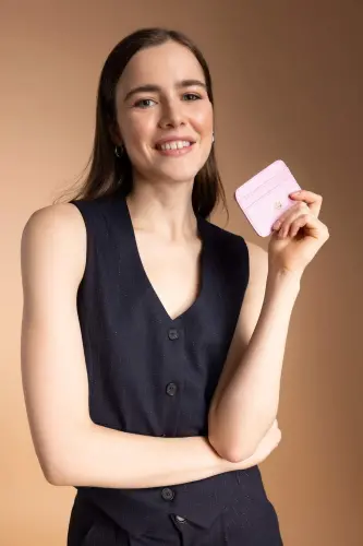 Women's Faux Leather Croco Card Holder W2526AZNS - Pink-PN3 - 2