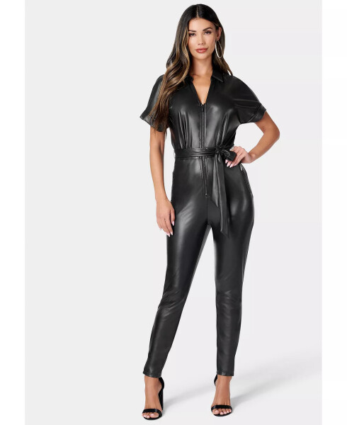 Women's Faux Leather Moto Jumpsuit Black - 1