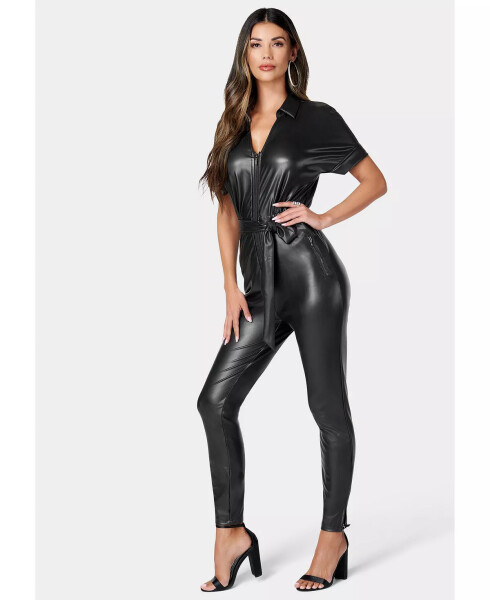 Women's Faux Leather Moto Jumpsuit Black - 3