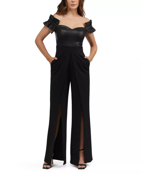 Women's Faux Leather Off Shoulder Wide Leg Jumpsuit Black - 4