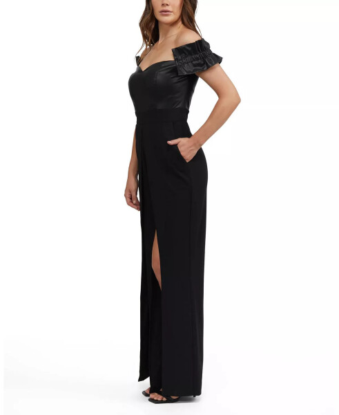 Women's Faux Leather Off Shoulder Wide Leg Jumpsuit Black - 5