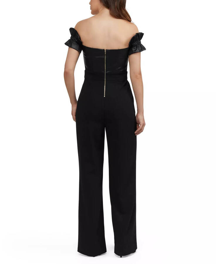 Women's Faux Leather Off Shoulder Wide Leg Jumpsuit Black - 6