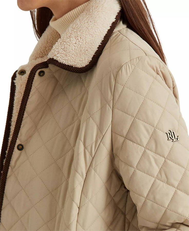 Women's Faux-Sherpa-Collar Quilted Coat Fashion Cream - 3