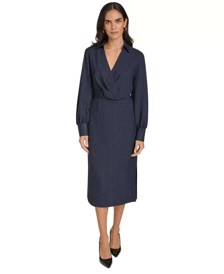 Women's Faux-Wrap Long-Sleeve Sheath Dress Indigo - 1