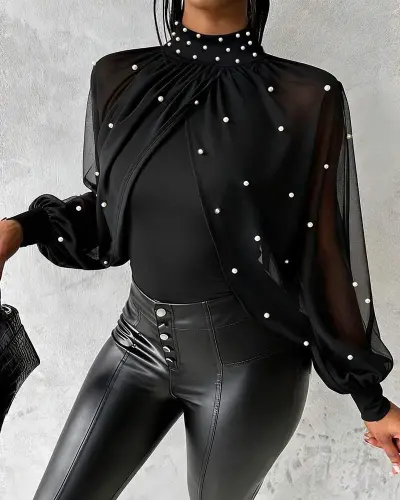 Women's Fish Neck Pearl Cape Imported Crepe Blouse - 1