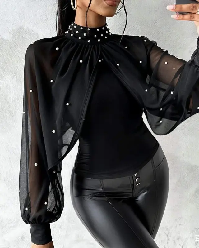 Women's Fish Neck Pearl Cape Imported Crepe Blouse - 5