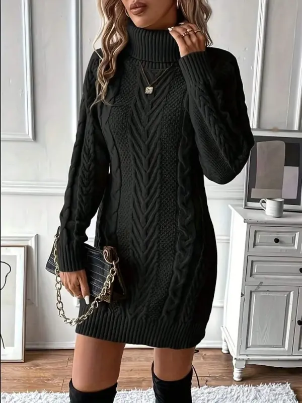 Women's Fisherman Collar Mini Knitted Dress - 1