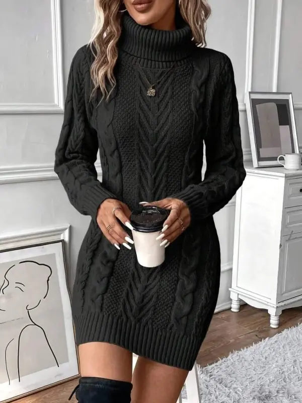 Women's Fisherman Collar Mini Knitted Dress - 3