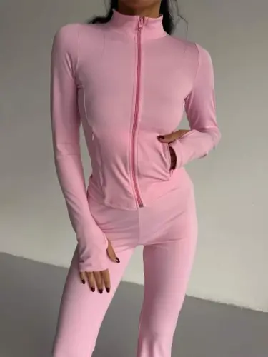 Women's Fisherman Collar Pocket Detailed Jacket and Spanish Trousers Sports Set - 1