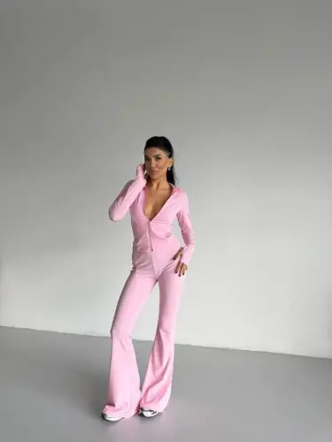 Women's Fisherman Collar Pocket Detailed Jacket and Spanish Trousers Sports Set - 7