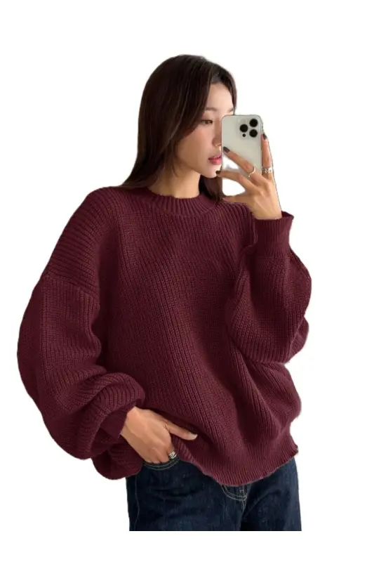Women's Fisherman's Rib Dark Burgundy Oversized Sweater, Women's Sweater - Dark Burgundy - 1