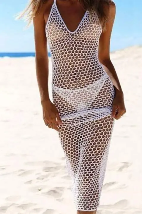 Women's Fishnet Pattern Full Length Tank Top Knitted Pareo - 3