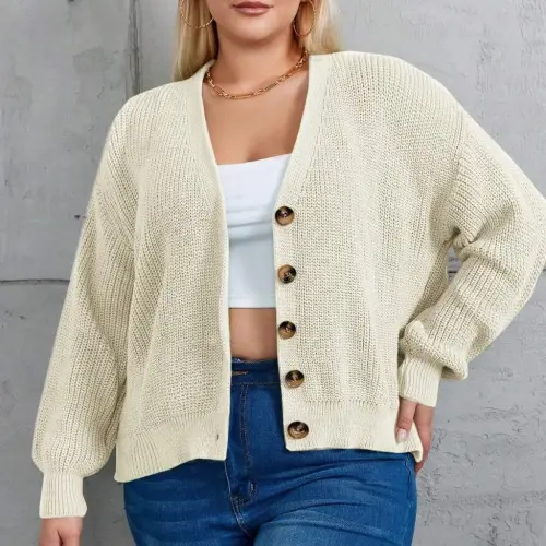 Women's Five Button Plus Size Knit Cardigan - BÜYÜKBEDENIZ (1)