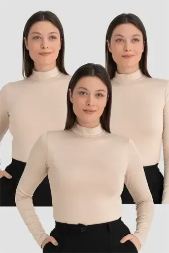 Women's Flesh Turtleneck Long Sleeve Bodysuit 3 Pcs - 1