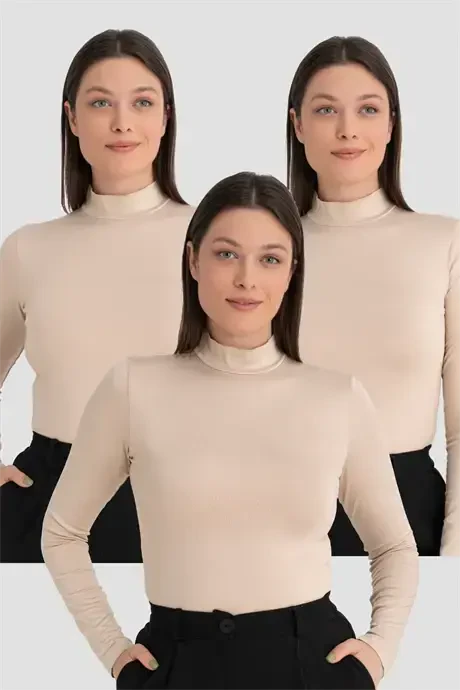 Women's Flesh Turtleneck Long Sleeve Bodysuit 3 Pcs - 1