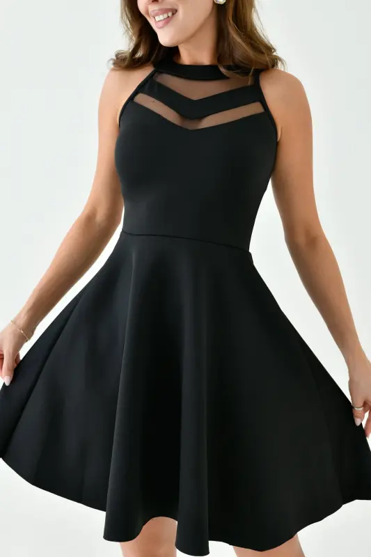 Women's Flexible Scuba Fabric Transparent Detailed Black Dress 2222-BLACK TRANSPARENT DETAILED - 3