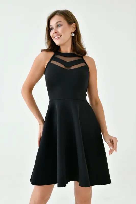 Women's Flexible Scuba Fabric Transparent Detailed Black Dress 2222-BLACK TRANSPARENT DETAILED - 8