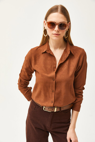 Women's Floral Bitter Coffee Jacquard Satin Detail Woven Shirt GML-19001173 - 5