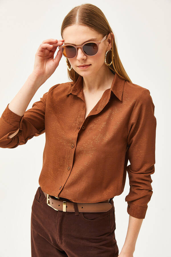 Women's Floral Bitter Coffee Jacquard Satin Detail Woven Shirt GML-19001173 - 6