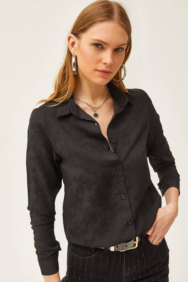 Women's Floral Black Jacquard Satin Detail Woven Shirt GML-19001173 - 1