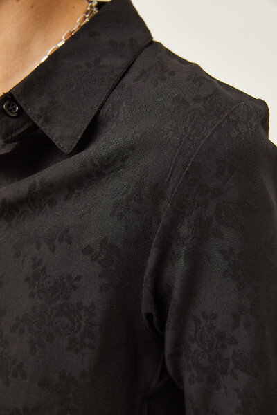 Women's Floral Black Jacquard Satin Detail Woven Shirt GML-19001173 - 3