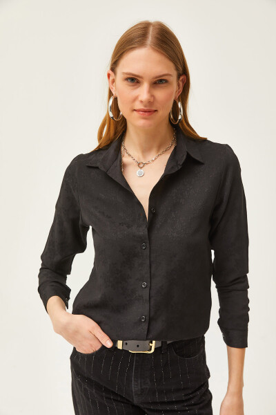 Women's Floral Black Jacquard Satin Detail Woven Shirt GML-19001173 - 4