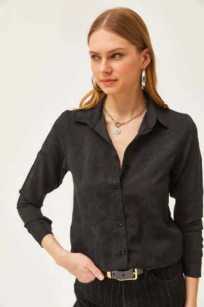 Women's Floral Black Jacquard Satin Detail Woven Shirt GML-19001173 - 5