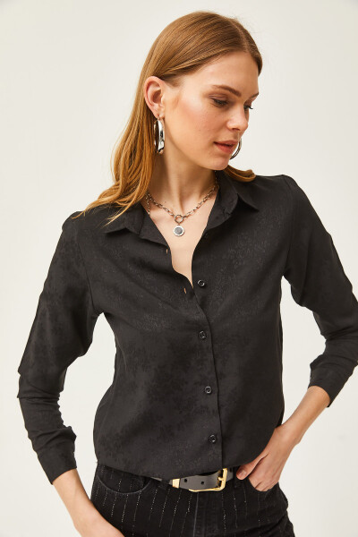 Women's Floral Black Jacquard Satin Detail Woven Shirt GML-19001173 - 6