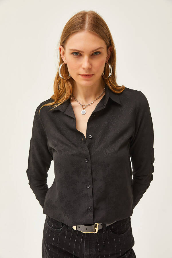 Women's Floral Black Jacquard Satin Detail Woven Shirt GML-19001173 - 7