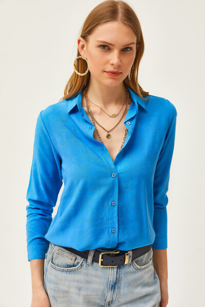 Women's Floral Blue Jacquard Satin Detail Woven Shirt GML-19001173 - 1