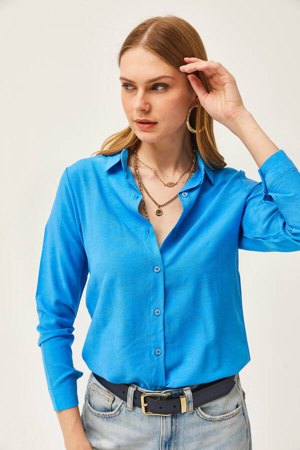 Women's Floral Blue Jacquard Satin Detail Woven Shirt GML-19001173 - 3