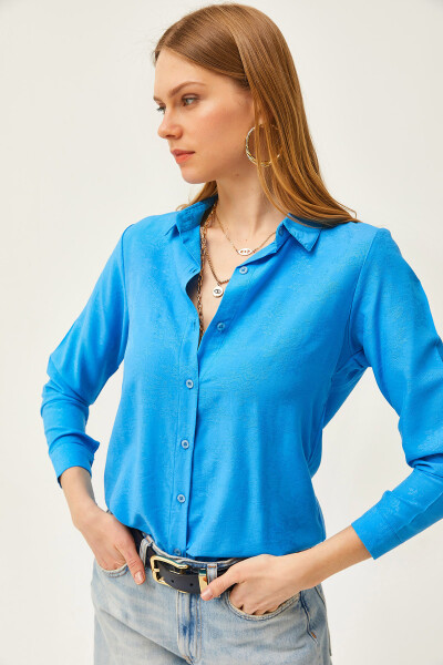 Women's Floral Blue Jacquard Satin Detail Woven Shirt GML-19001173 - 4