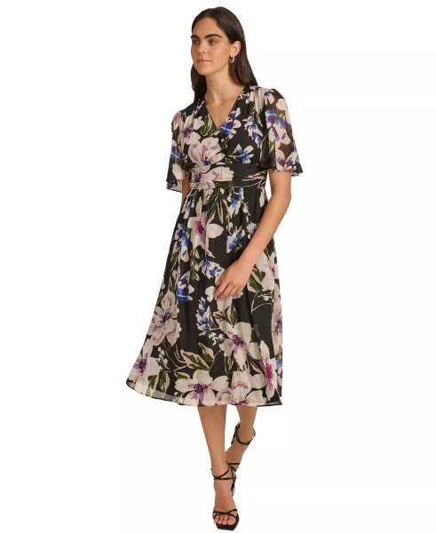 Women's Floral Chiffon Flutter-Sleeve Dress Black Multi - 3