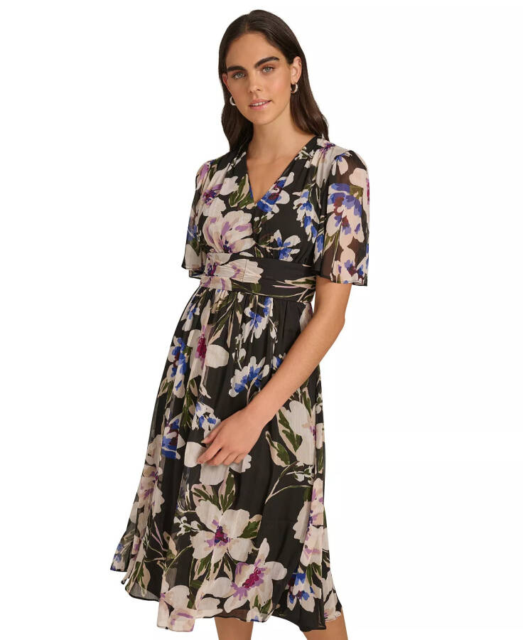 Women's Floral Chiffon Flutter-Sleeve Dress Black Multi - 4