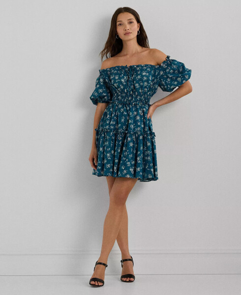 Women's Floral Cotton Voile Bubble-Sleeve Dress Indigo Blue - 1