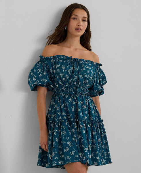 Women's Floral Cotton Voile Bubble-Sleeve Dress Indigo Blue - 4